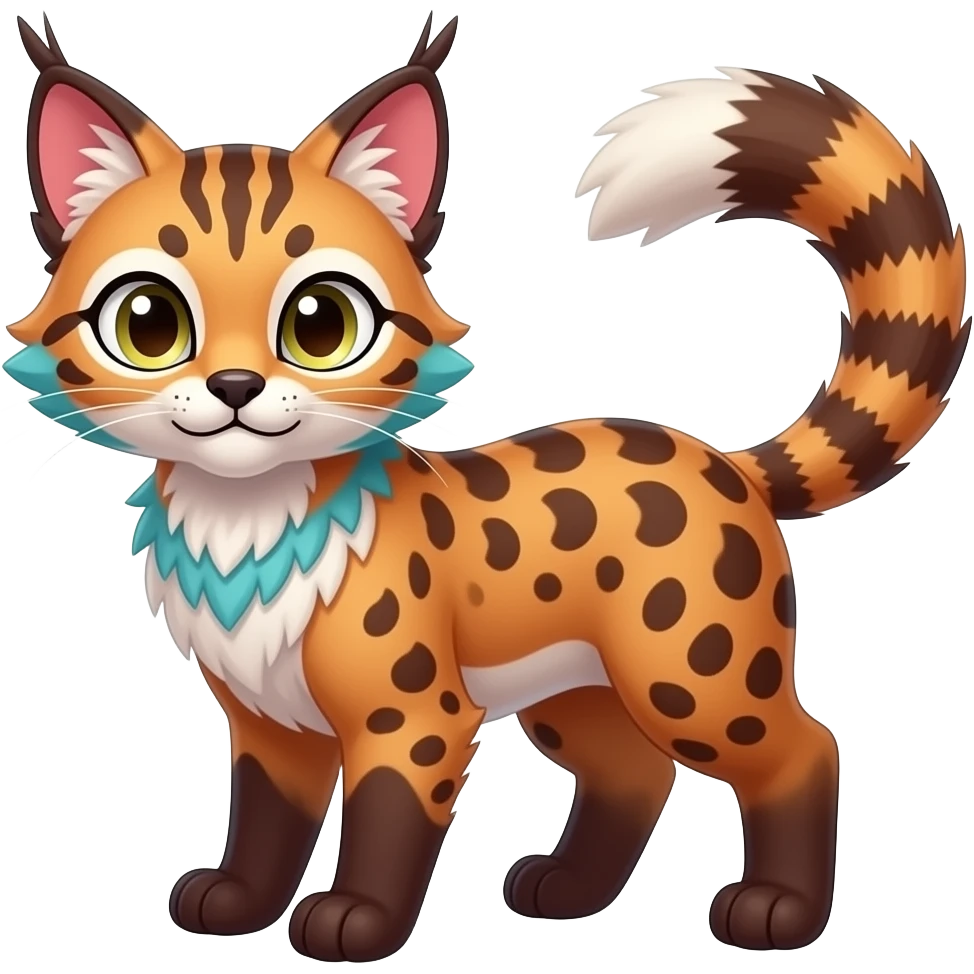 Colorful tropical exotic cute cool beautiful shiny beautiful fantasy-caracal-civet-genet-Gryphon-Cacomistle-Trico-Red-Panda-oncilla-animal-Fakémon-hybrid-fursona (full body) emoji