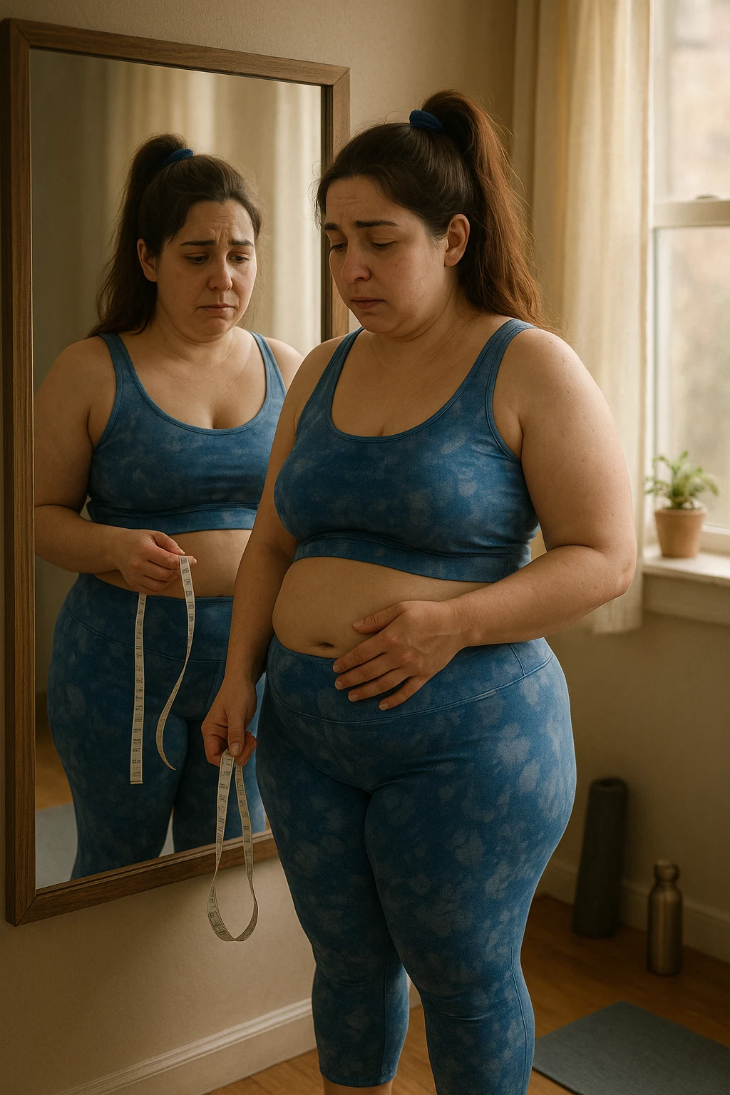 A realistic, cinematic illustration of a woman in her early 30s with a slightly rounded body shape, standing in front of a mirror in a softly lit bedroom, looking at her reflection with a thoughtful, slightly discouraged expression. She is wearing comfortable home workout clothes, holding a tape measure in one hand loosely, while her other hand gently touches her belly area, showing her frustration with slow weight loss progress. The room is cozy, with natural light filtering in, a yoga mat rolled up in the corner, a water bottle, and a small plant on the windowsill. The scene captures the emotional struggle and quiet determination of a woman facing difficulties in losing weight despite her efforts, with warmth and dignity. emoji