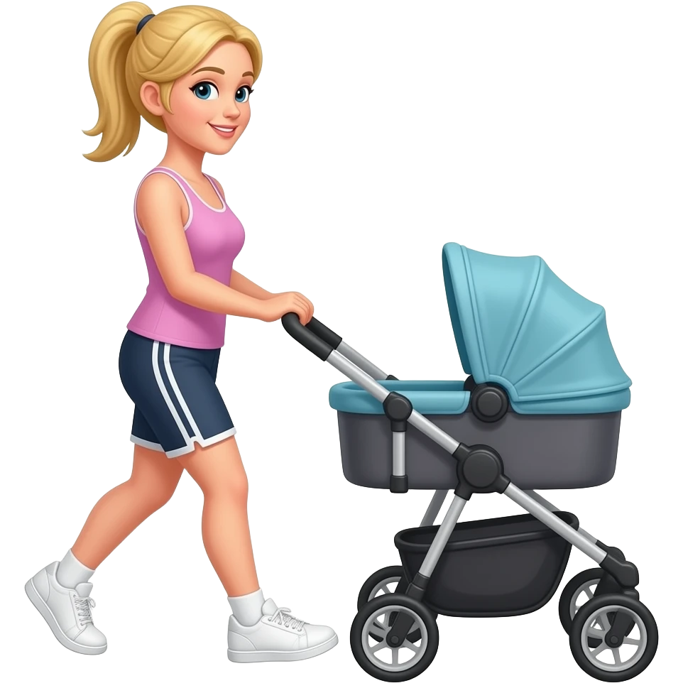 Mom pushing stroller. Blonde hair ponytail In bike shorts sneakers with ankle socks and tanktop. White sneakers emoji