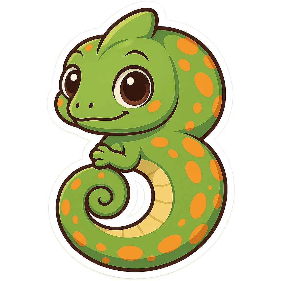 cartoon chameleon whose curled body and tail form the number 5, with expressive eyes and bright patterns emoji