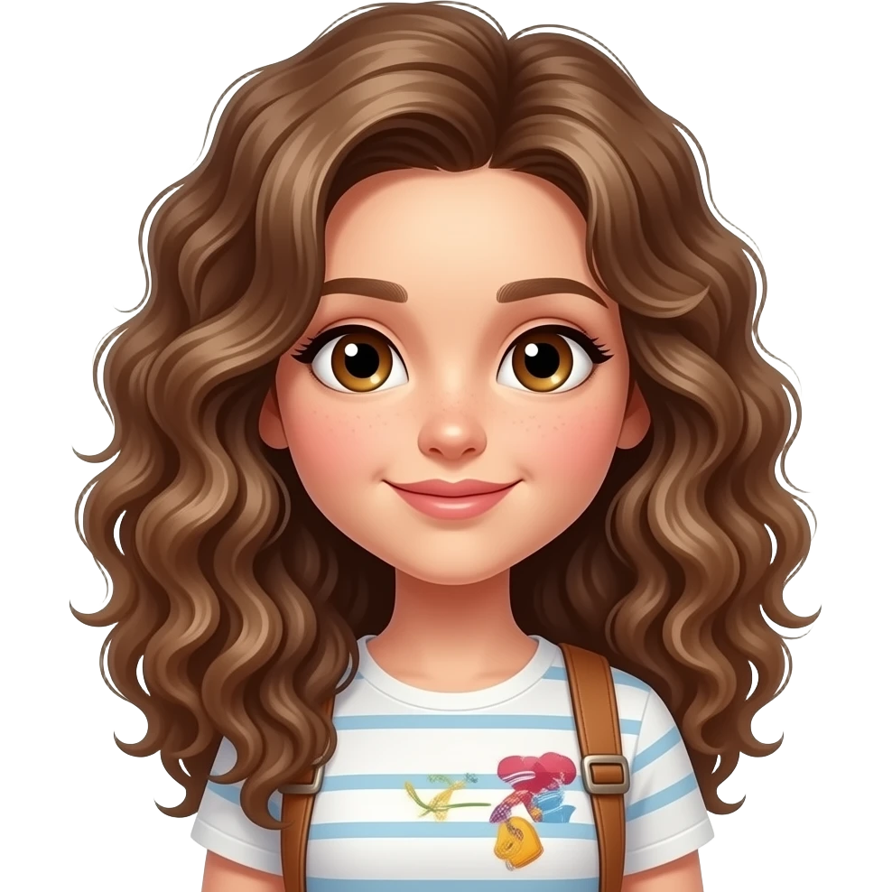 white girl with brown eyes and long curly hair on vacation with a suitcase emoji