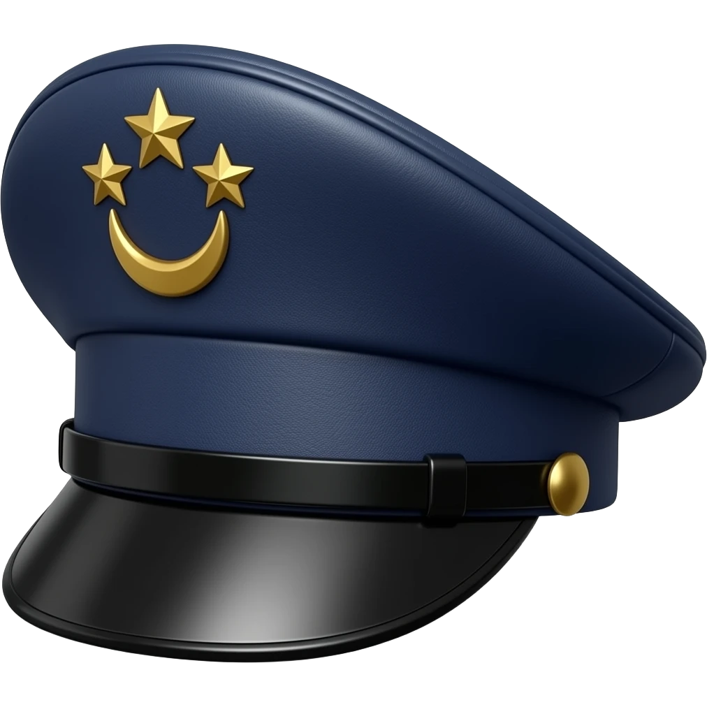 Dark navy-indigo flat leather Dommy Kepi hat with gold stars and a gold crescent on the side emoji