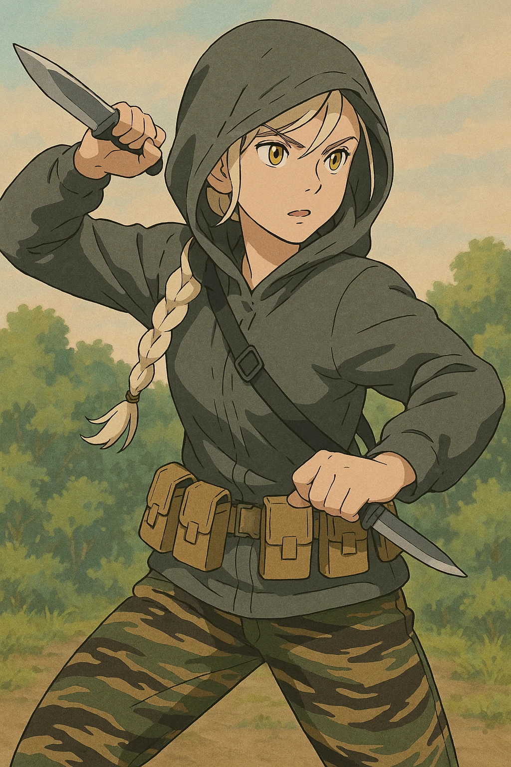 1 female, mid-20's  white hair long braid, gold yellow eyes, gray rainproof hoodie, hood up, single point sling, tan mag pouches on belt rig, tiger stripe camo pants, holding a combat blade, striking, swing emoji