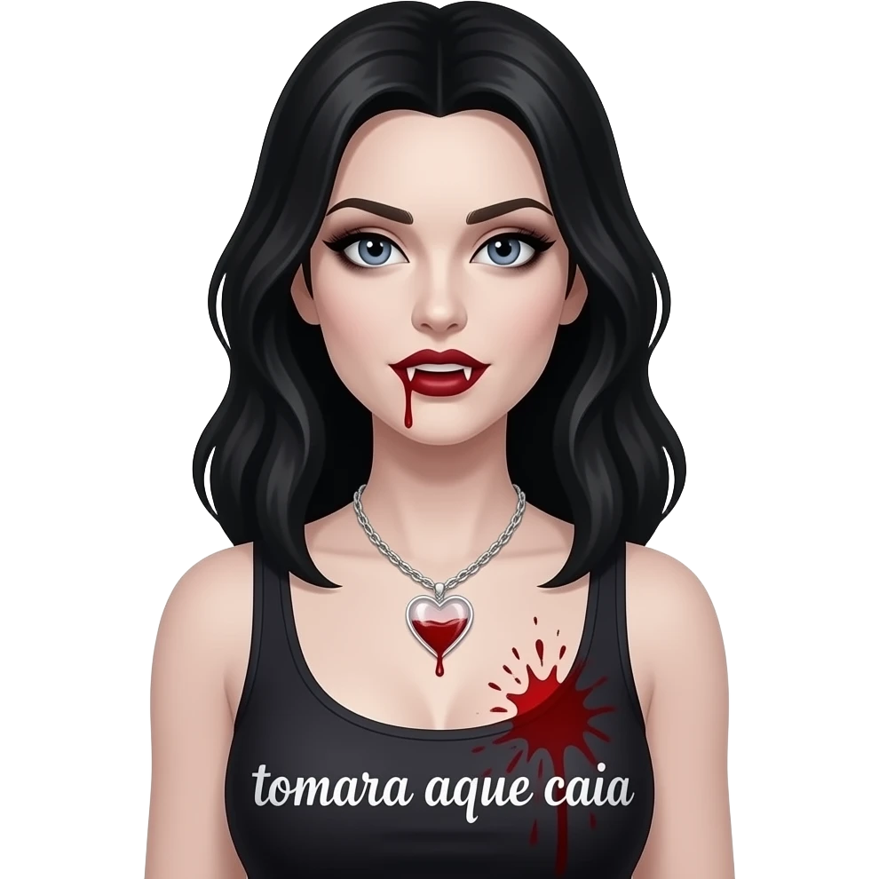 Quero uma mulher igual a personagem katherine Pierce  soq mais gótica e em forma de vampira com um colar de coração simples transparente com sangue lá dentro e sangue em suas presas e borrife sangue perto de seus seios, deixe ela com um top "tomara que caia" e o colar menor emoji