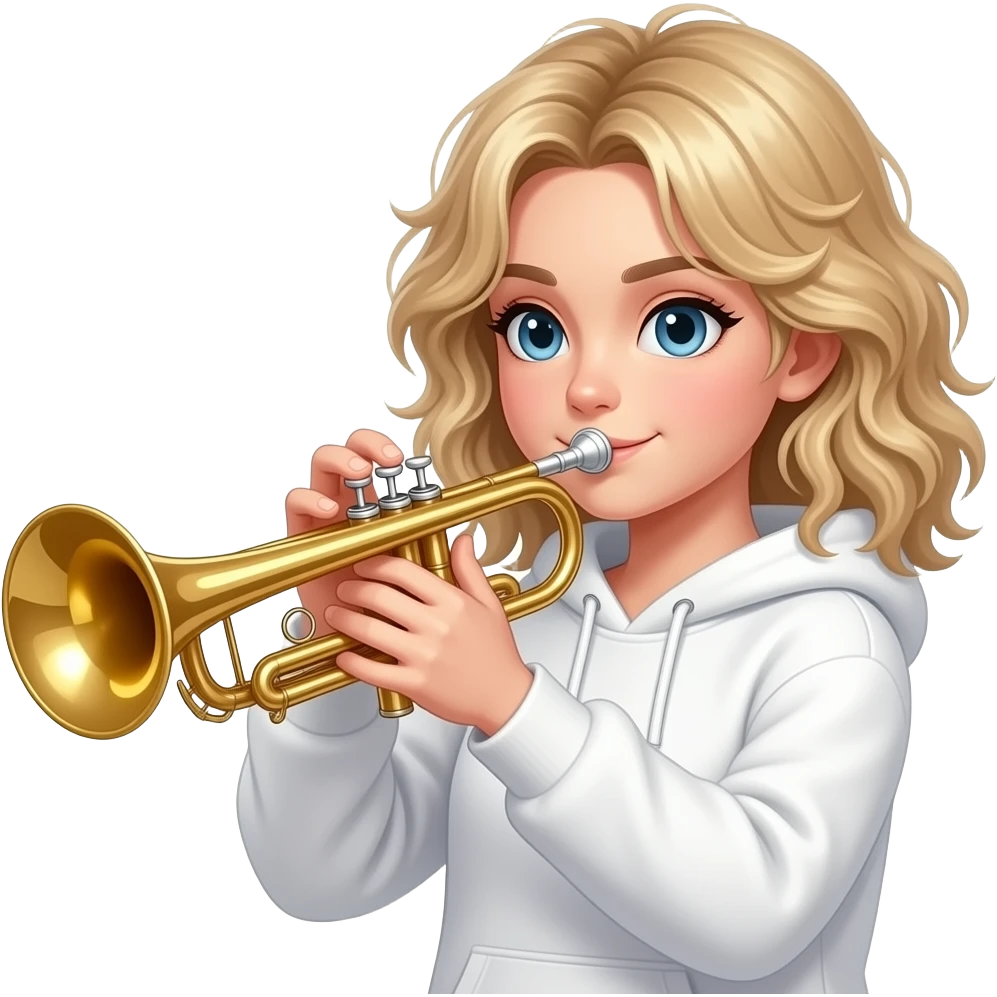 white girl with blonde hair messy blonde hair playing trumpet with a white hoodie on emoji