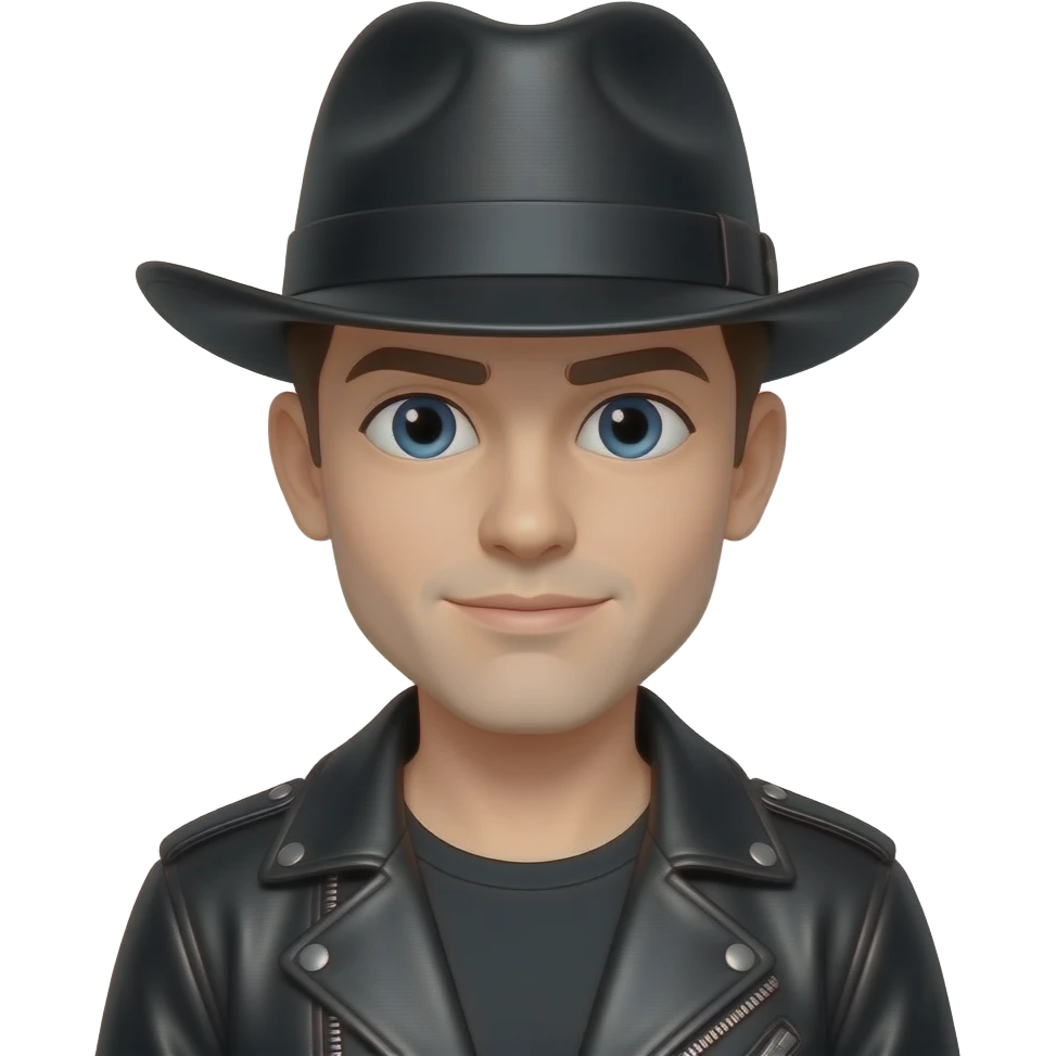 a leather Dom black leather brimmed hat and leather jacket emoji