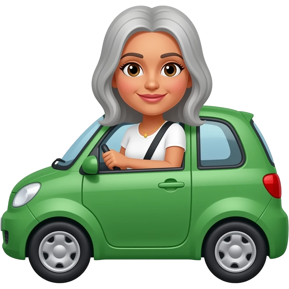 Indian woman with white top grey hair driving in green car car w emoji