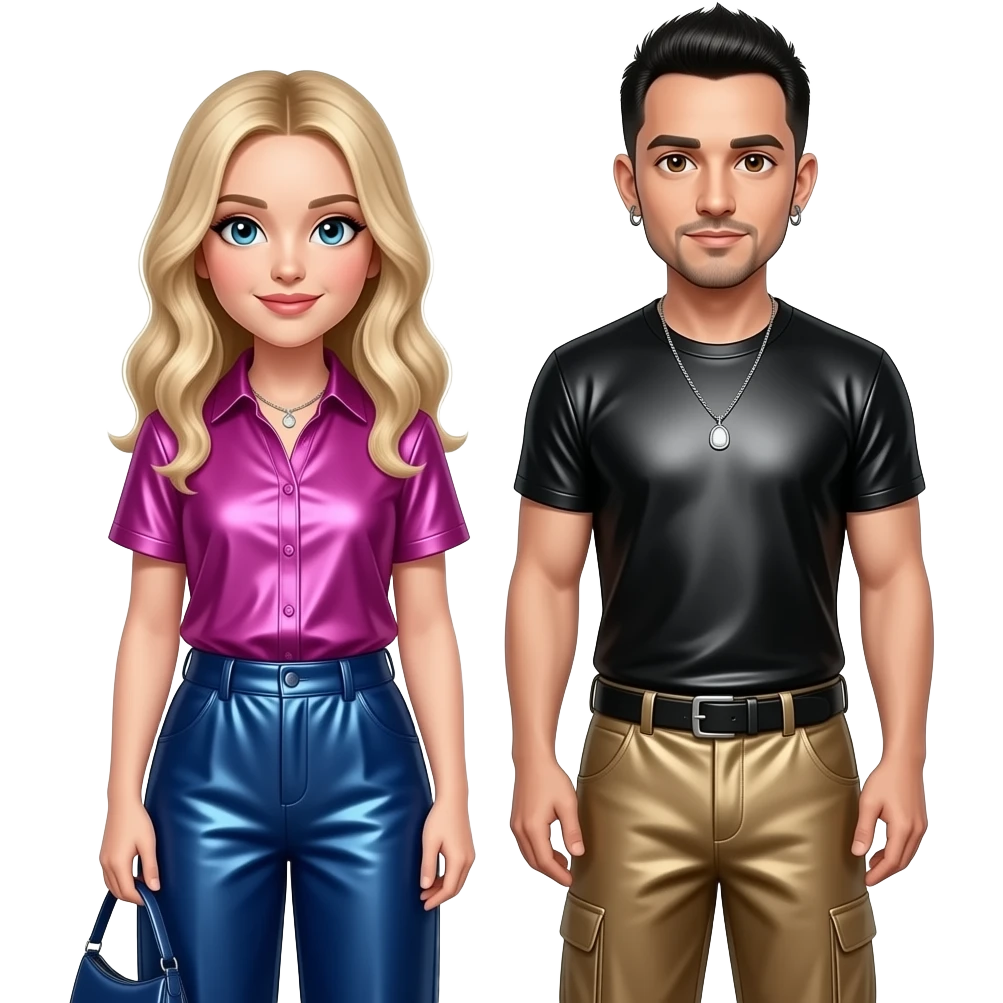 Linkin Park with Emily with blue eyes, long blonde hair, fuchsia metallic shirt, indigo metallic baggy pants, Mike with brown eyes, black hair, black metallic t-shirt, taupe metallic baggy pants, silver necklace emoji