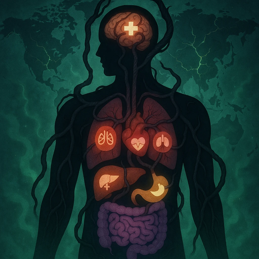 semi-realistic, medical-fantasy style human silhouette, parasite tendrils reach organs, each organ with a colored glow and a small medical icon, world map, glowing cracks, green mist emoji