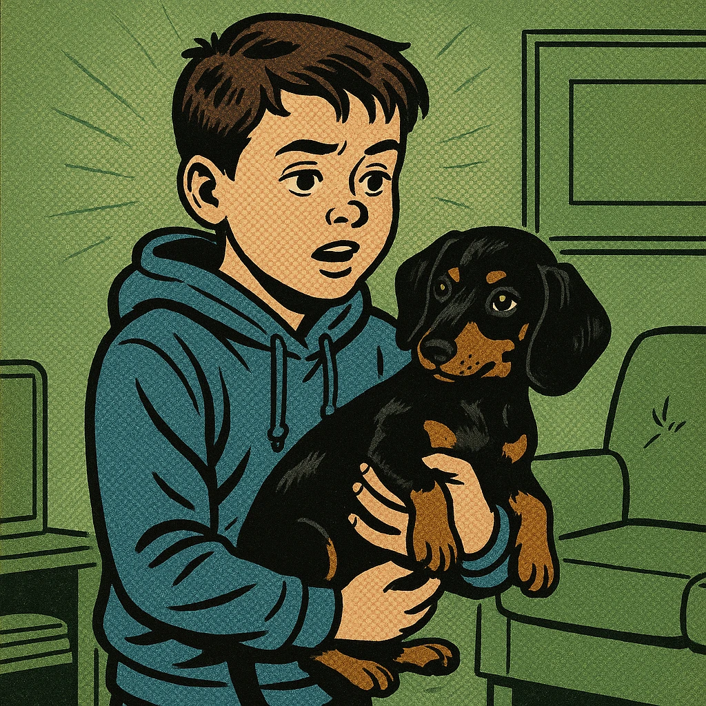 A modern day 10 year old wearing a blue hoodie with a black and tan puppy dachshund in a green living room emoji