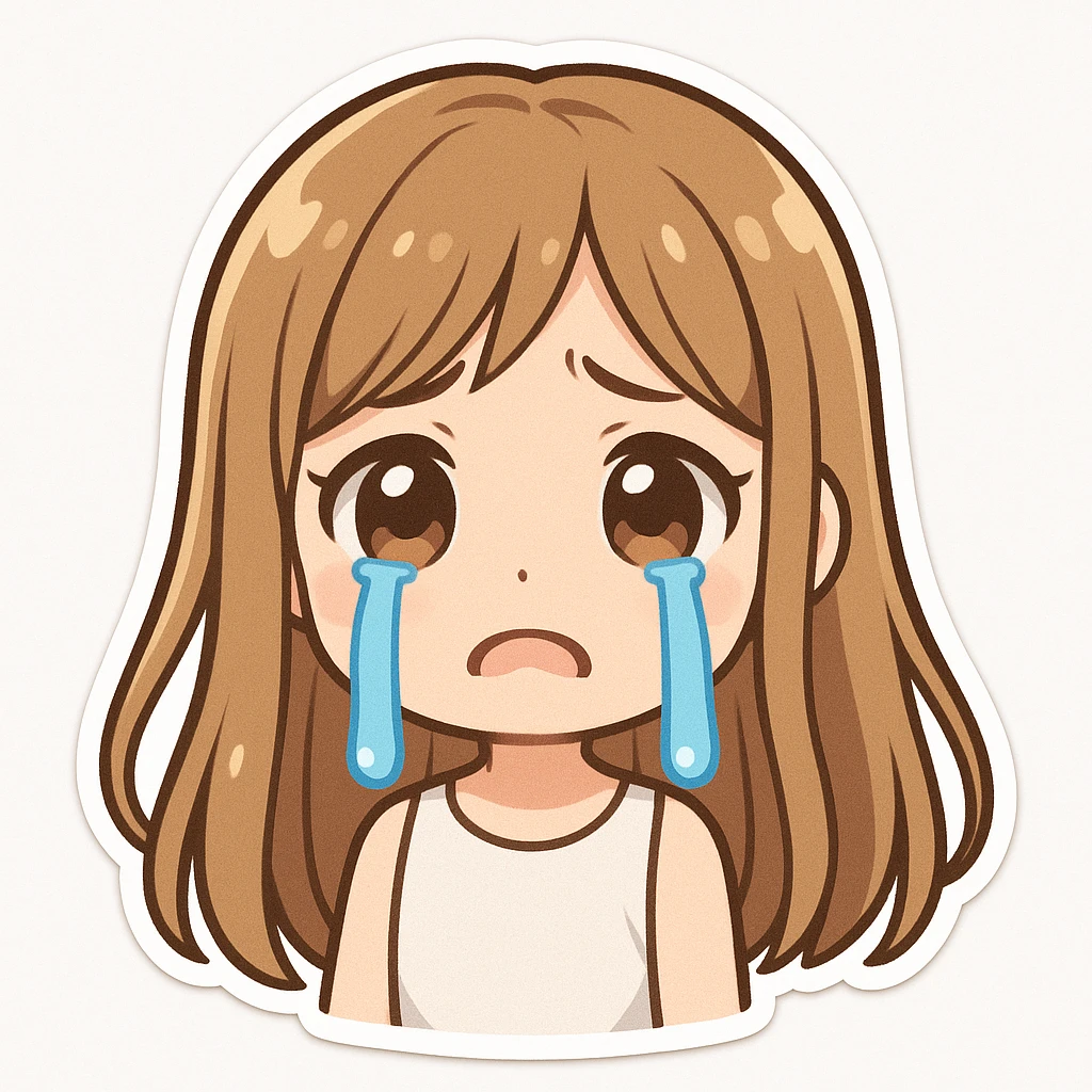 animated girl with long straight hair light brown with blonde highlights, fair skin, large sad brown eyes, blue cartoon tears streaming down, frowning, white sleeveless top, plain white background, cute and expressive emoji