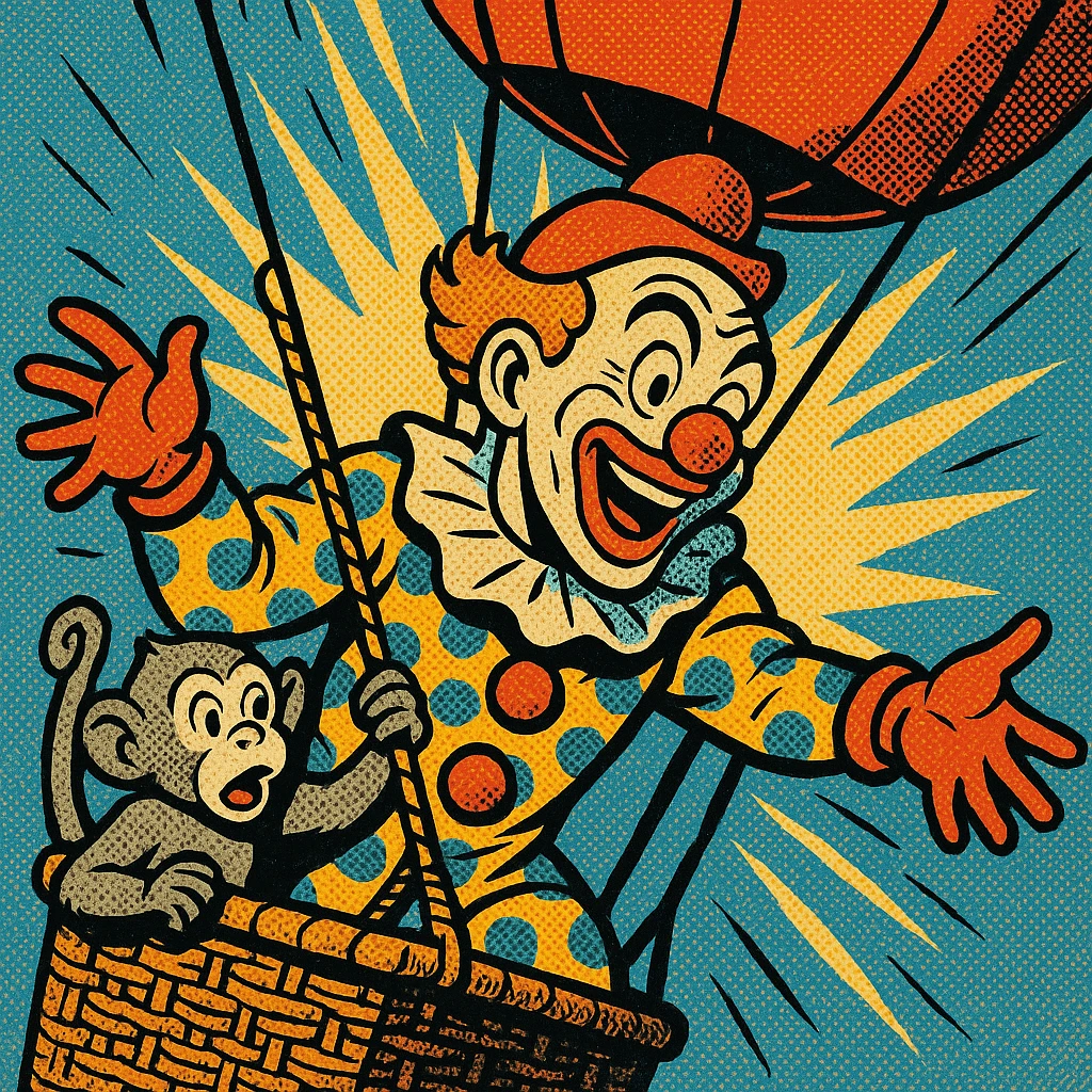 a clown and animal sidekick in a hot air balloon, old school comic book, action scene emoji