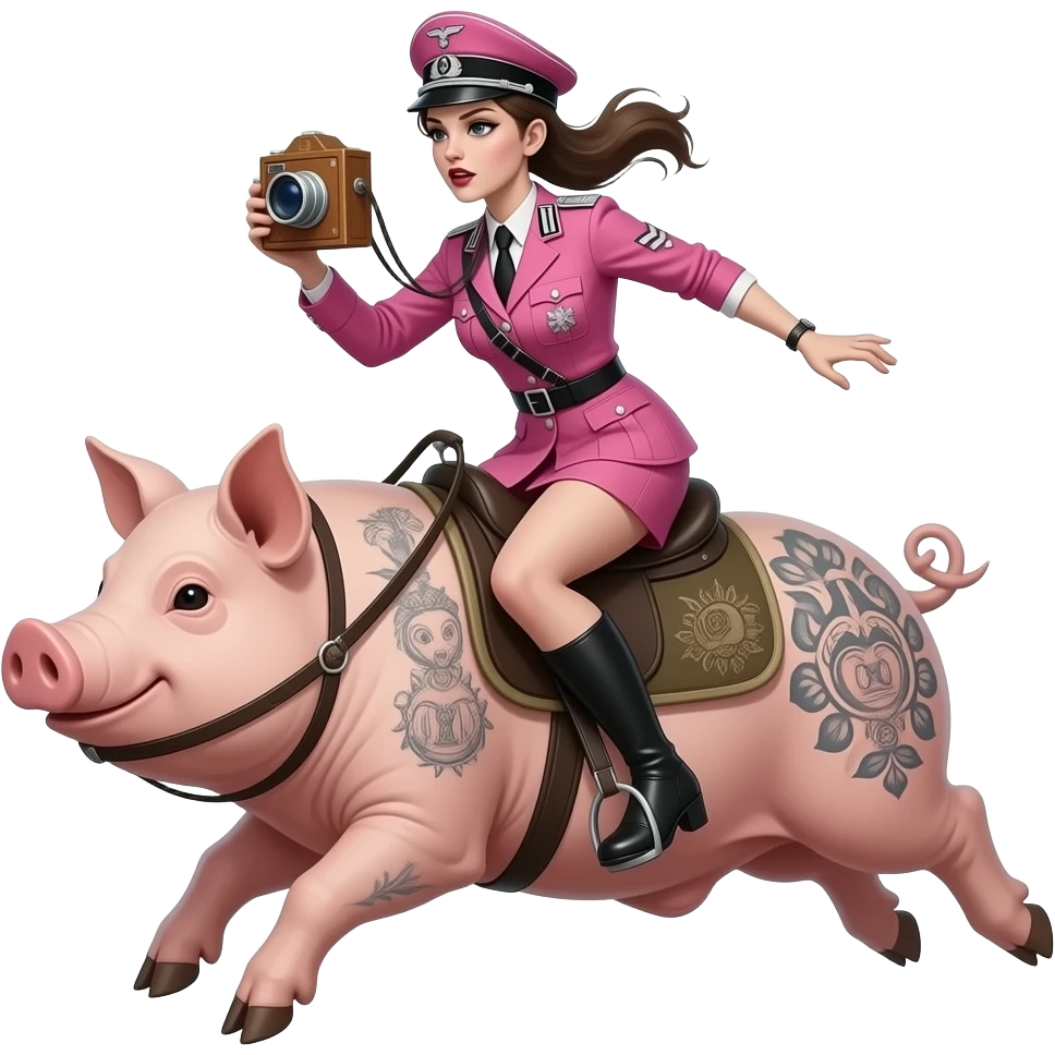 steampunk - A thin and creepy female rider in a pink German WWII uniform jumps on a large tattooed pig with a wooden daguerreotype camera and pink high heels on her feet. emoji