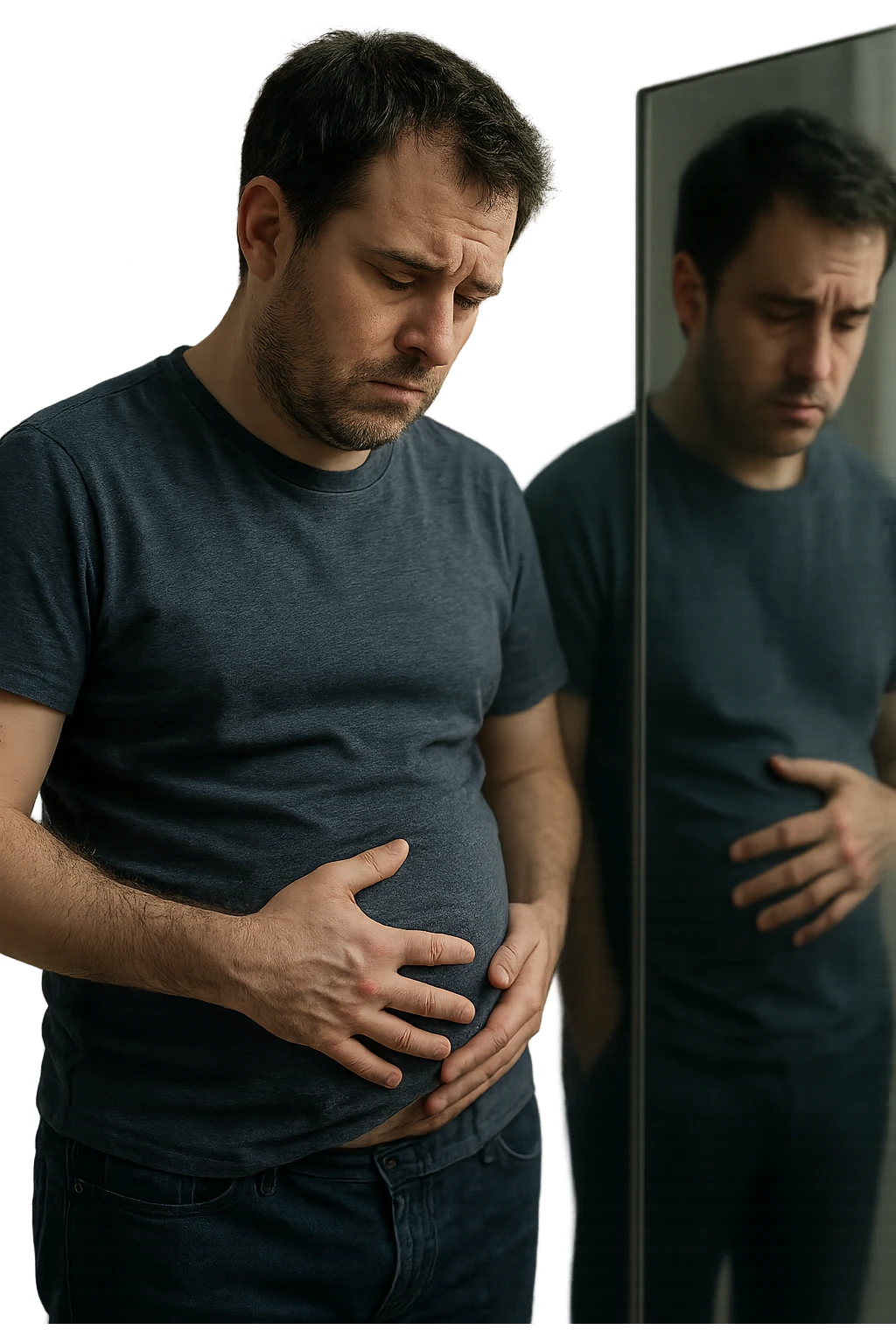 uomo che si guarda allo specchio triste mentre si tocca la pancia, pensieroso, iperrealistico 4k emoji