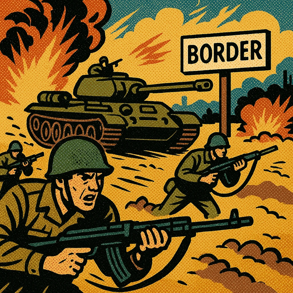 Military tanks and troops with machine guns invading another country in the middle east.  There is a sign saying 'border' in the background and explosions in the background. emoji
