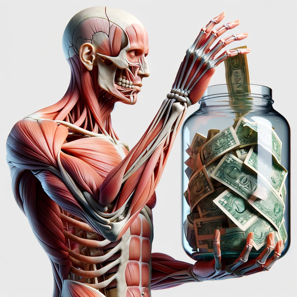 corpo umano anatomico che ha in mano un barattolo di vetro pienissimo di banconote, iperrealistica 4k, isolato su sfondo bianco emoji
