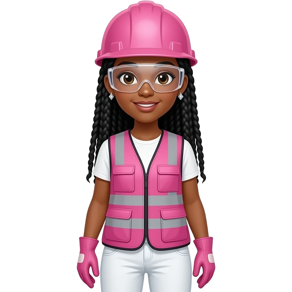 Bright skin tone woman with brown eyes with long black box braids wearing diamond earrings wearing pink and clear safety glasses wearing a pink construction vest wearing white pans wearing pink construction vest wearing white pants wearing pink construction gloves emoji