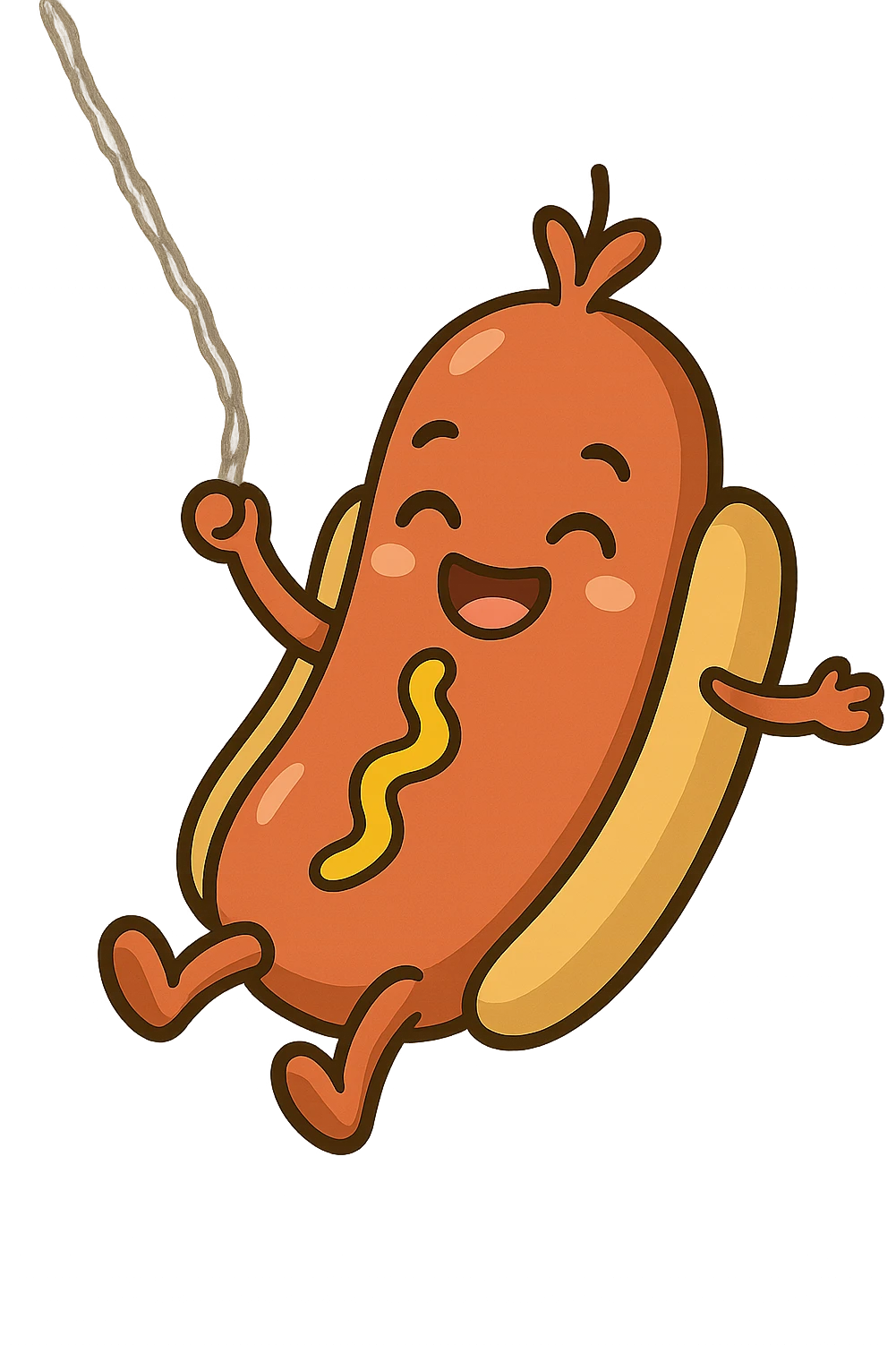 Edit the image so that the web is coming out of the hot dog's head while swinging. No background. emoji