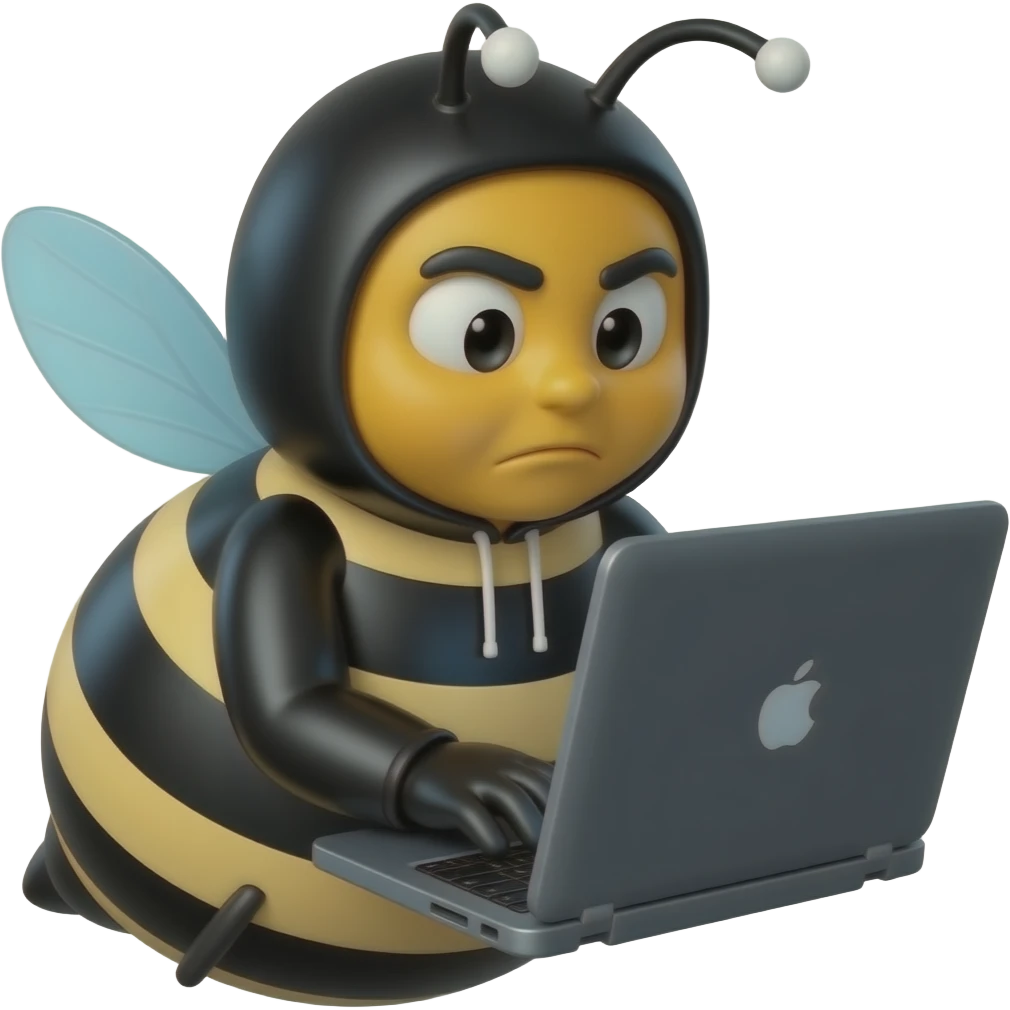 3D cartoon bee emoji, rounded chubby body, black and white stripes, wearing black hoodie, typing on laptop, focused serious expression, light blue transparent wings, black antennae with white round tips, smooth shiny surface, black background emoji
