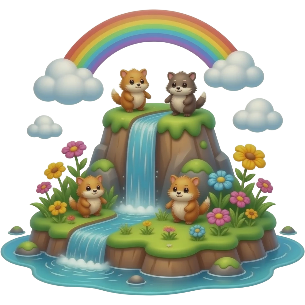 An island with little furry creatures, a beautiful waterfall with a rainbow appearing overtop, colorful overgrown flowers, 8K, no emoji icons, no emoji faces, still life emoji