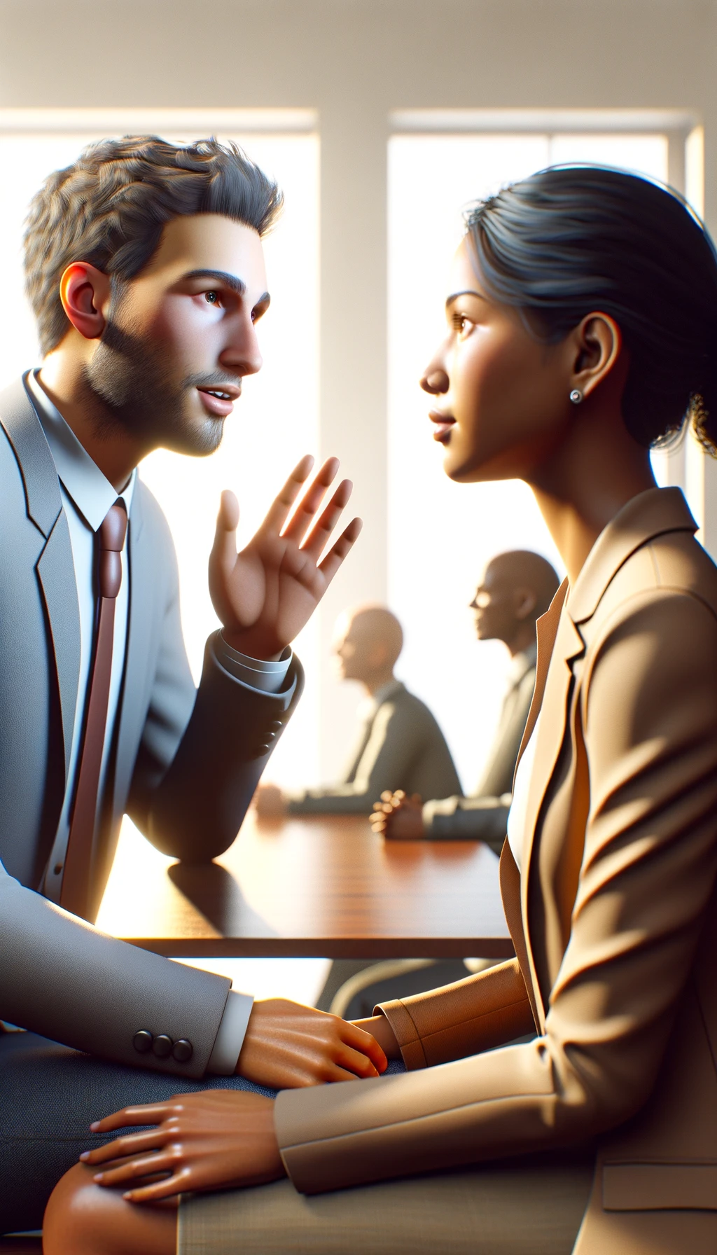 una persona parla e un altra persona di spalle lo ascolta, immagine iperrealistica 4k, sfondo chiaro emoji