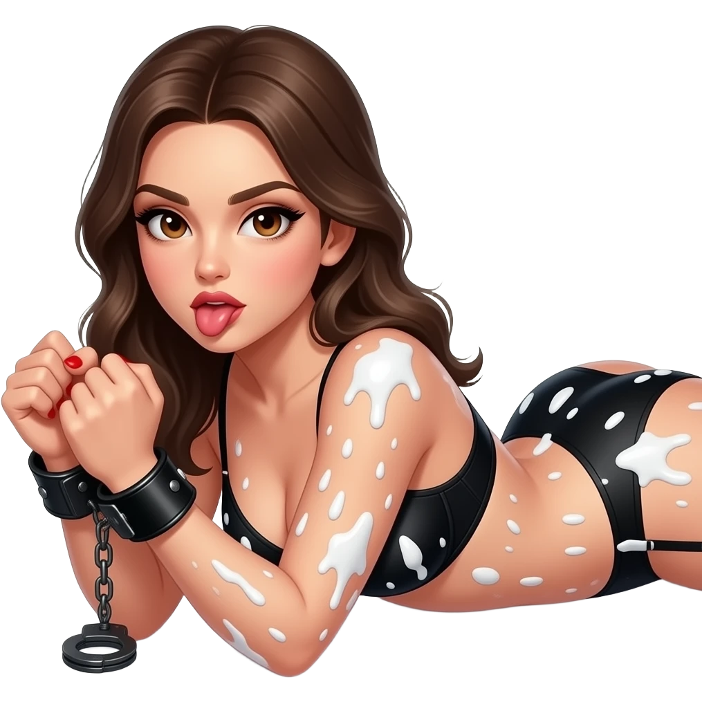 Sexy brunette brown eyes laying on stomach in black lingerie covers all over with splattered chunky whitecake batter with clenched fist and one red nailsblack leather hand cuffs   Hands behind back looking over her shoulder with mouth open licking lips close-up emoji