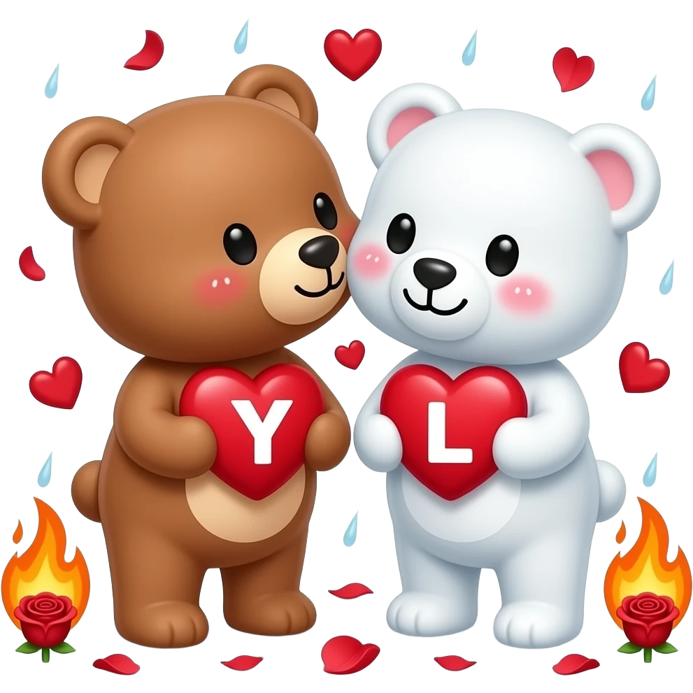 I want one light brown bear teddy kissing on cheek white bear teddy both holding heart , both a little furry, the  white bear blushes and smiles , add letter Y to the heart of the brown bear and letter L to the heart of the white bear , raining red rose petals , hearts on fire emoji