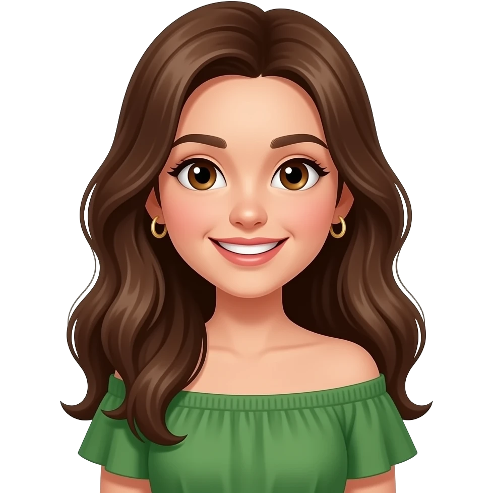 Change earrings in image to small gold hoop, https://www.emojis.com/emoji/girl-like-https-www-emojis-com-emoji-emoji-vd96a8gmudc-but-with-light-brown-ha-nuWX2TKEkUR, long brown hair, smile with teeth, brown eyes, green dress with shoulders emoji