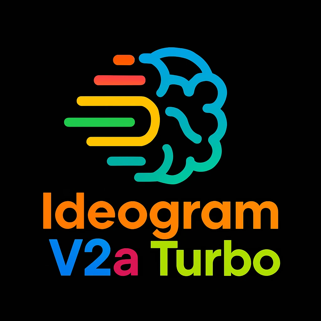 make a non gradient solid but colorful text of "Ideogram V2a Turbo", black background, add this logo too,  emoji