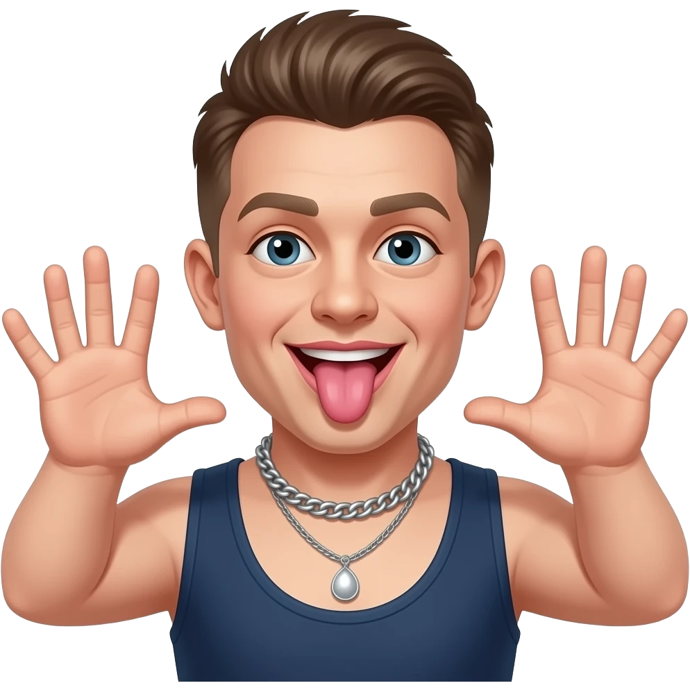 Down Syndrome drag queen, holding up their open extended hands up to each side of their face, poking their tongue out emoji