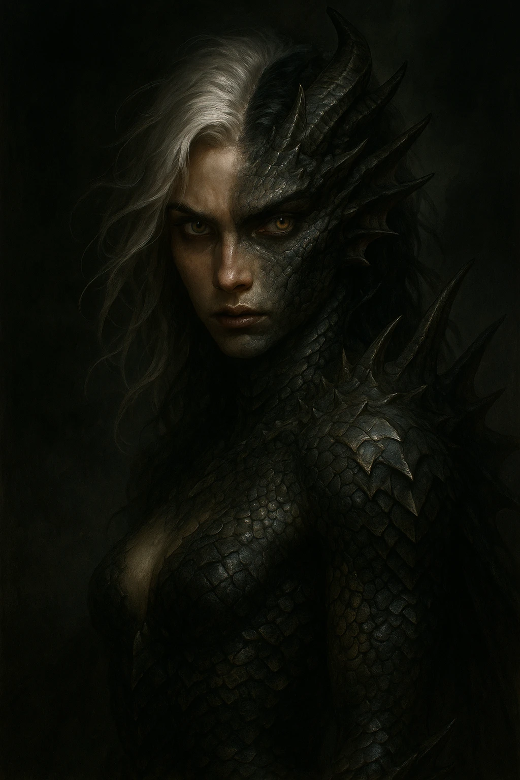 half human, half dragon character with silver hair and black roots, dramatic lighting, fantasy style, detailed emoji