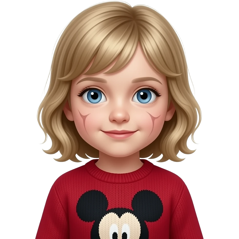 Little girl with blue eyes and dirty blonde hair and a Mickey Mouse sweater emoji