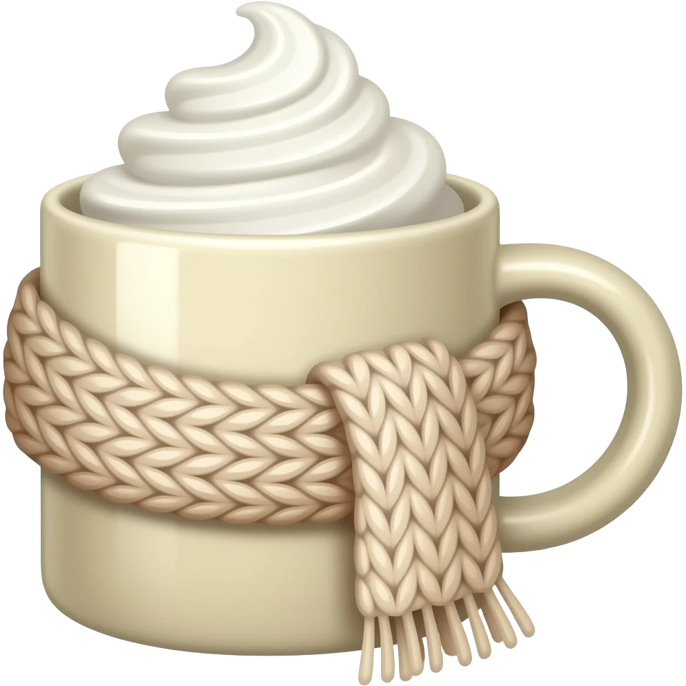 Create a cozy winter sticker of a beige mug with whipped cream and a scarf wrapped around it, soft pastel palette, clean cutout edges, cute and giftable. emoji