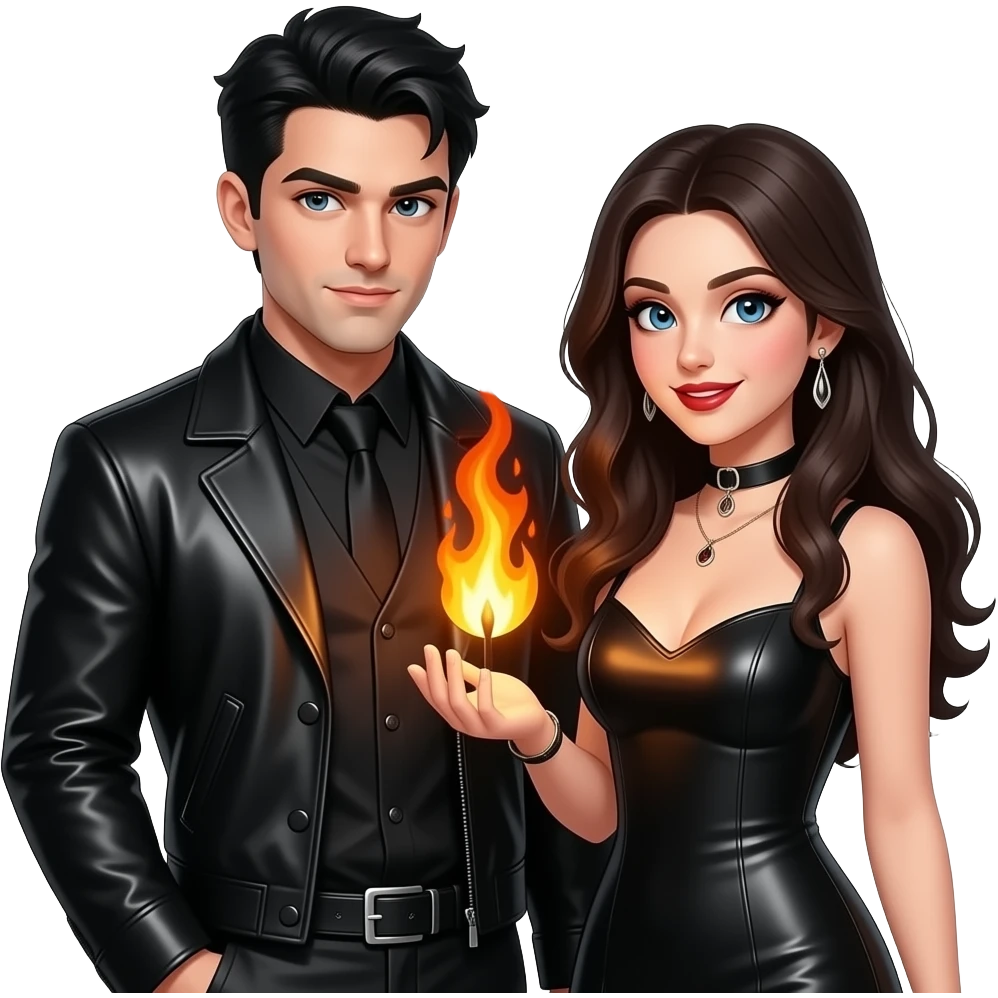 Sexy gothic leather dressed guy and girl holding a fiery flame with mischievous expressions emoji