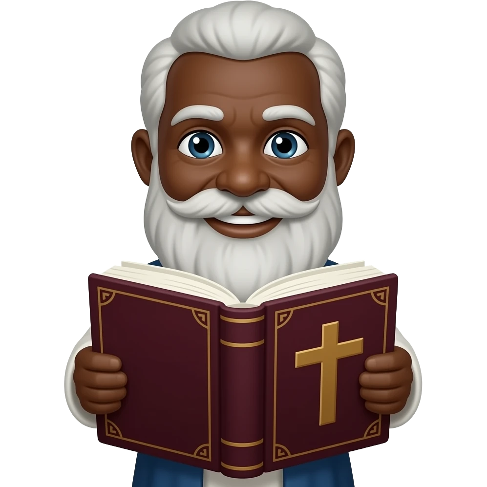wise old man with greying white hair white beard black skin smile with burgundy book that has a cross on it emoji