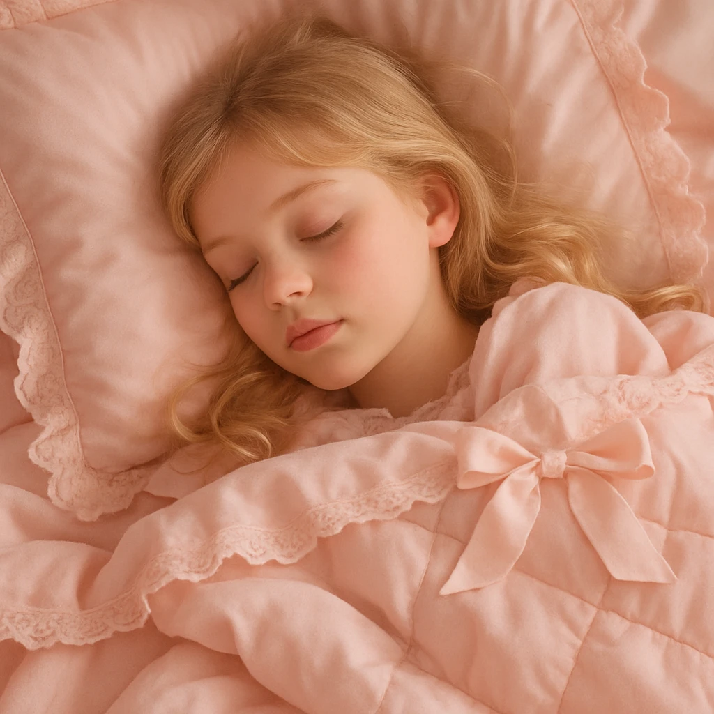 Close-up of a blonde girl sleeping with eyes closed, surrounded by baby pink Coquette bedding, gentle and cozy mood, soft pastel colors, delicate feminine details emoji