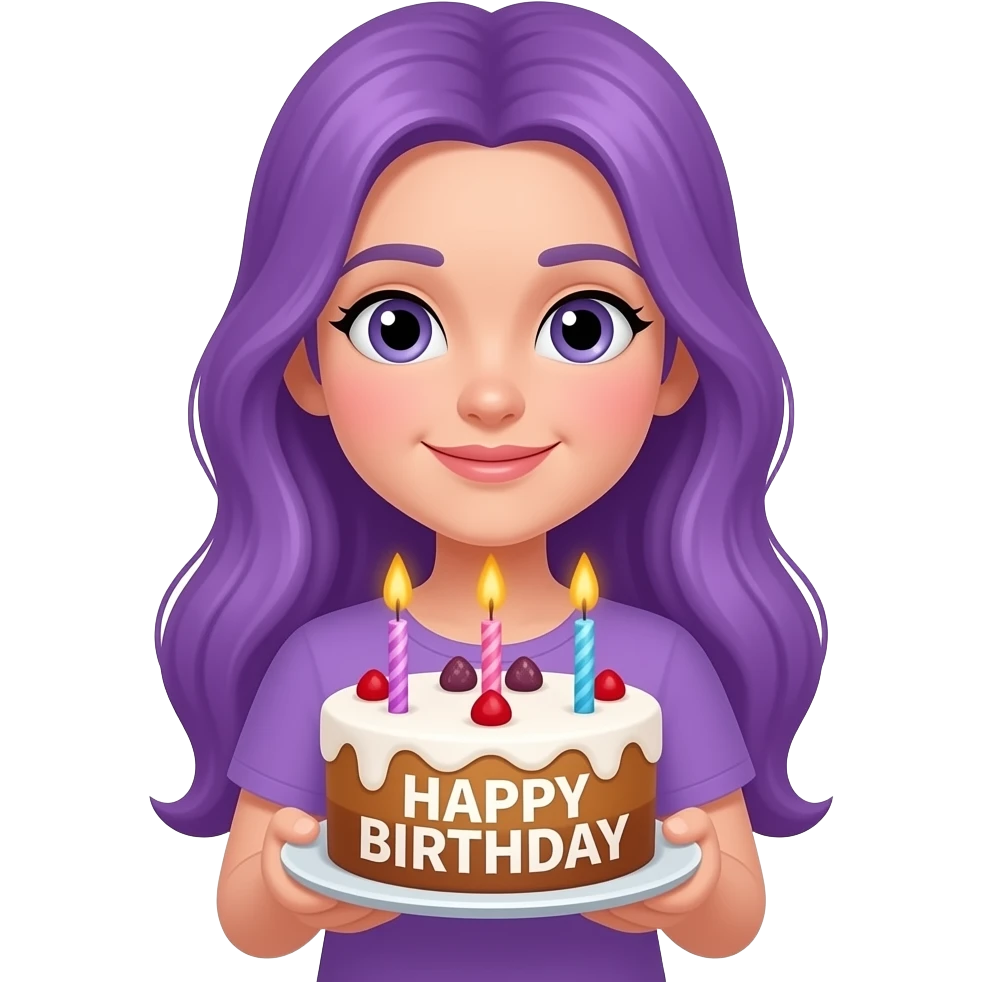 girl with long purple hair holding a birthday cake and a HAPPY BIRTHDAY sign emoji