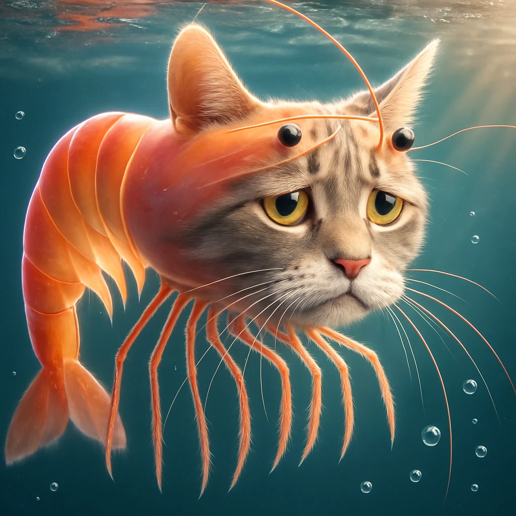 Change the expression of the cat-shrimp creature to sad, keeping all other details and colors the same, in a style consistent with the original image. emoji