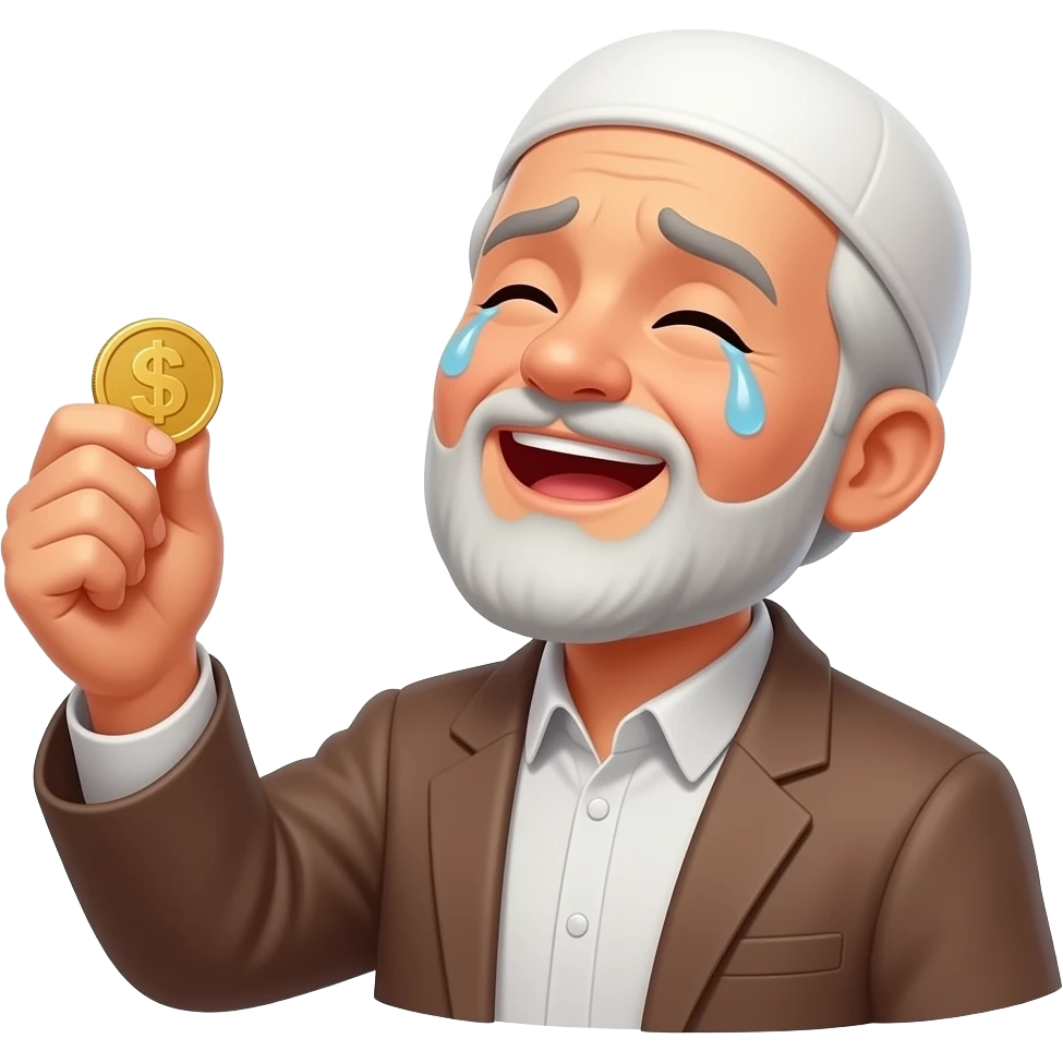 a poor elderly muslim man holding a gold coin, tears in his eyes, emotional happiness, looking up to sky with gratitude, warm glowing light on face, cinematic, ultra realistic, no text। emoji