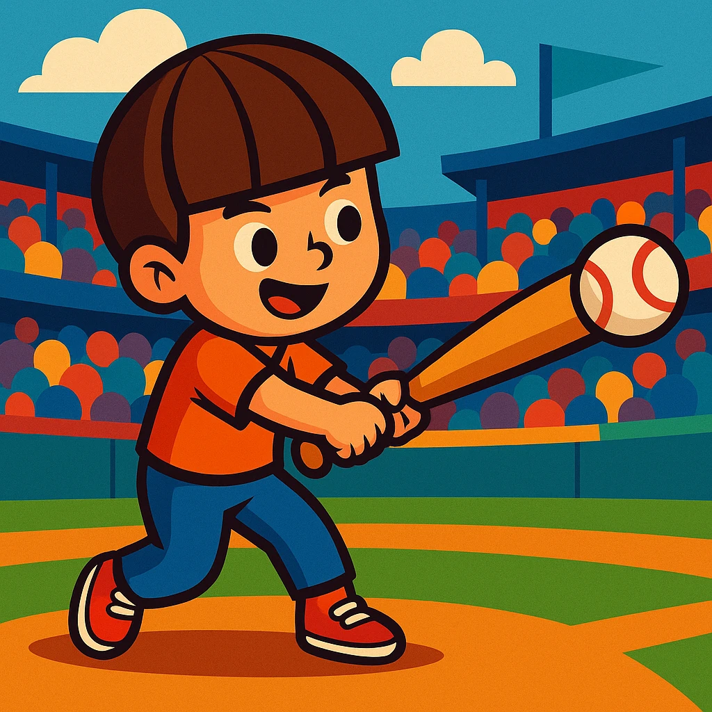 A young boy with a bowl cut hairstyle, mid-swing, baseball bat connecting with the ball, stadium background, vibrant colors, vibrant cartoon style emoji