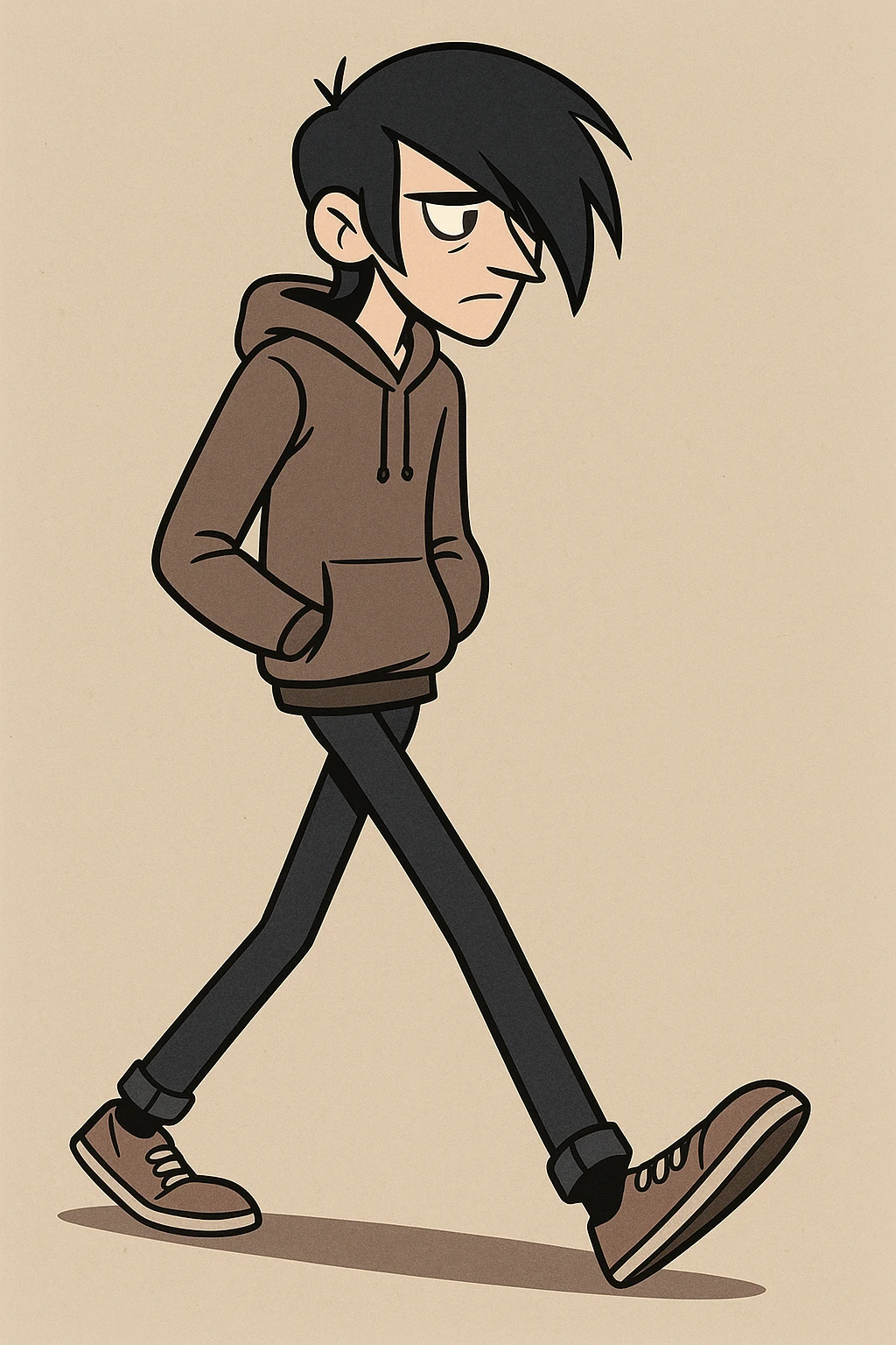 tall thin man with side-swept black emo hair walking with hands in pockets, casual clothes, stylized, flat toon style, moody vibe emoji