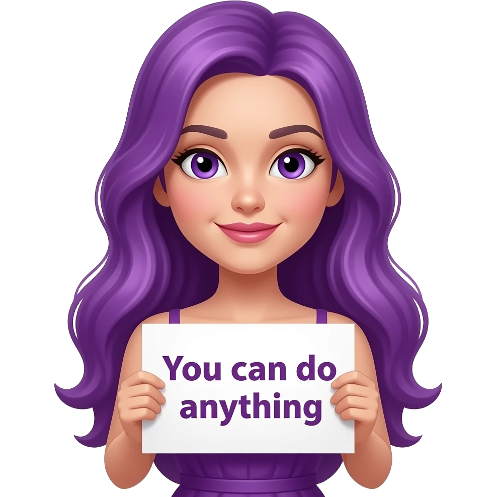 sexy girl with long purple hair and purple eyes wearing a dress holding a GIRL! You can do anyything sign emoji