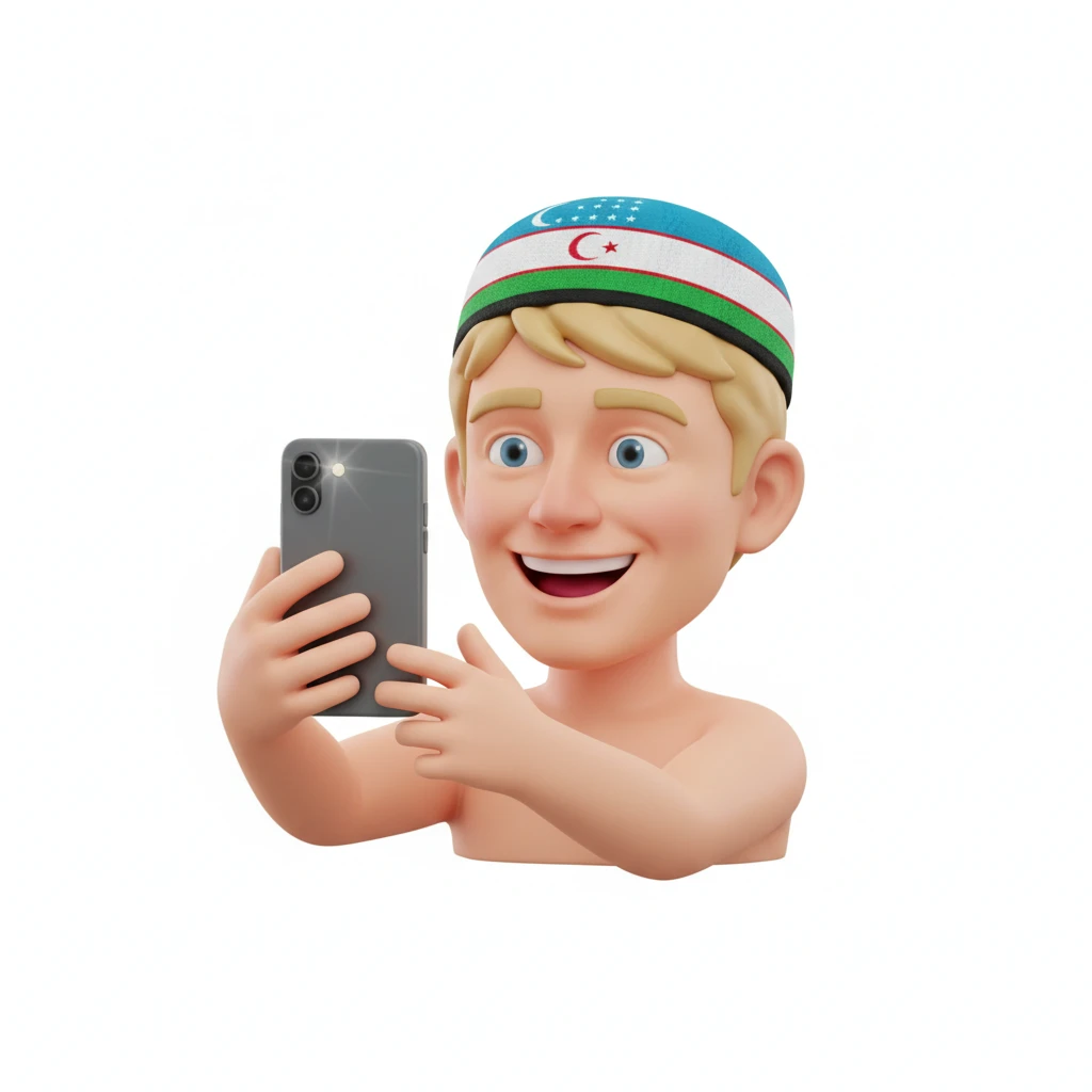 нарисуй эмоджи мужчины блондина  фотографирующего себя на телефон, эмоджи сделай более реалистичной, на голове должна быть узбекская тюбетейка в цветах узбекского флага, обрати внимание на глаза и количество пальцев у человека, без фона emoji