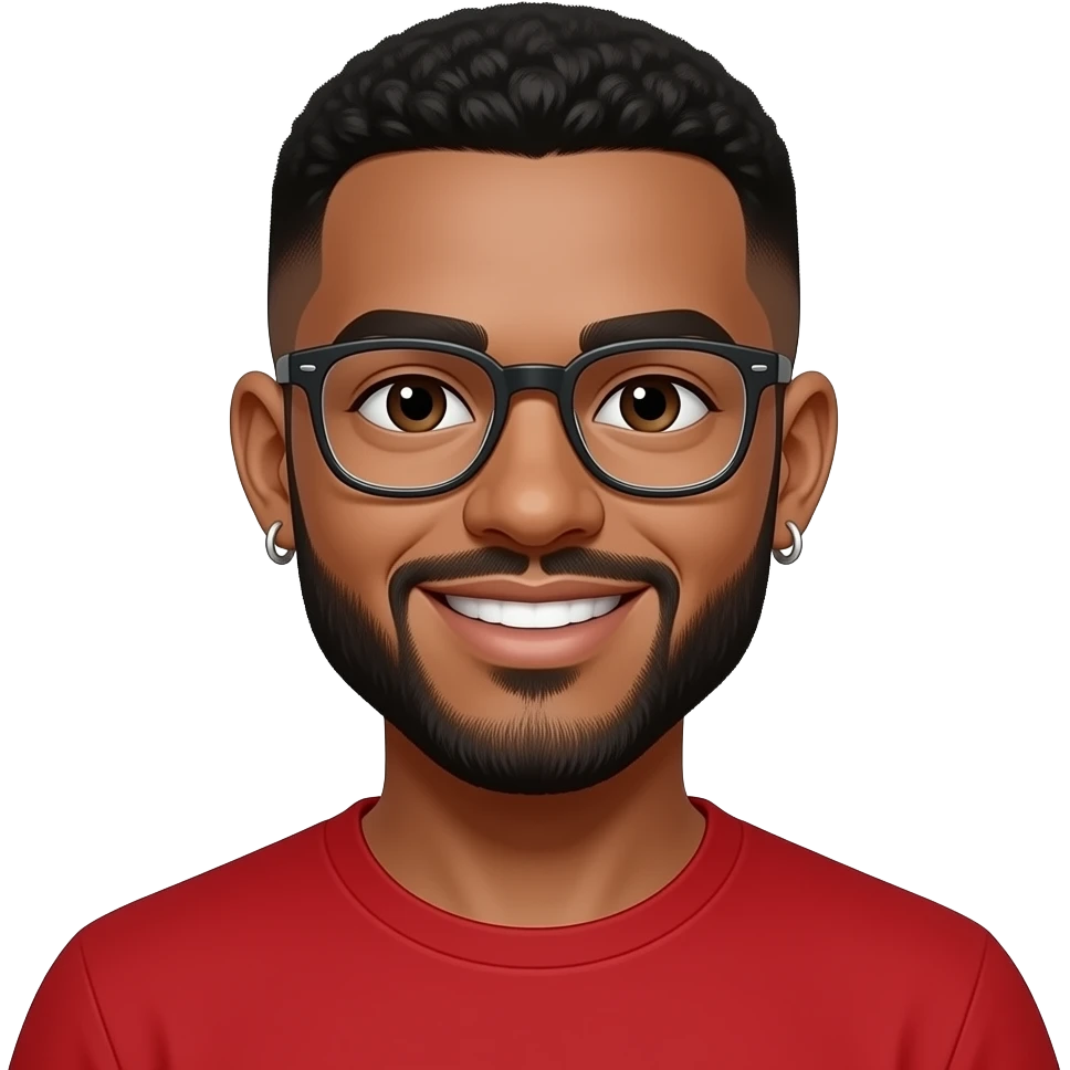 caramel skin man in his 20s with buzzcut fade. dark brown eyes. beard. glasses. smiling. wearing a red t-shirt. earrings. emoji