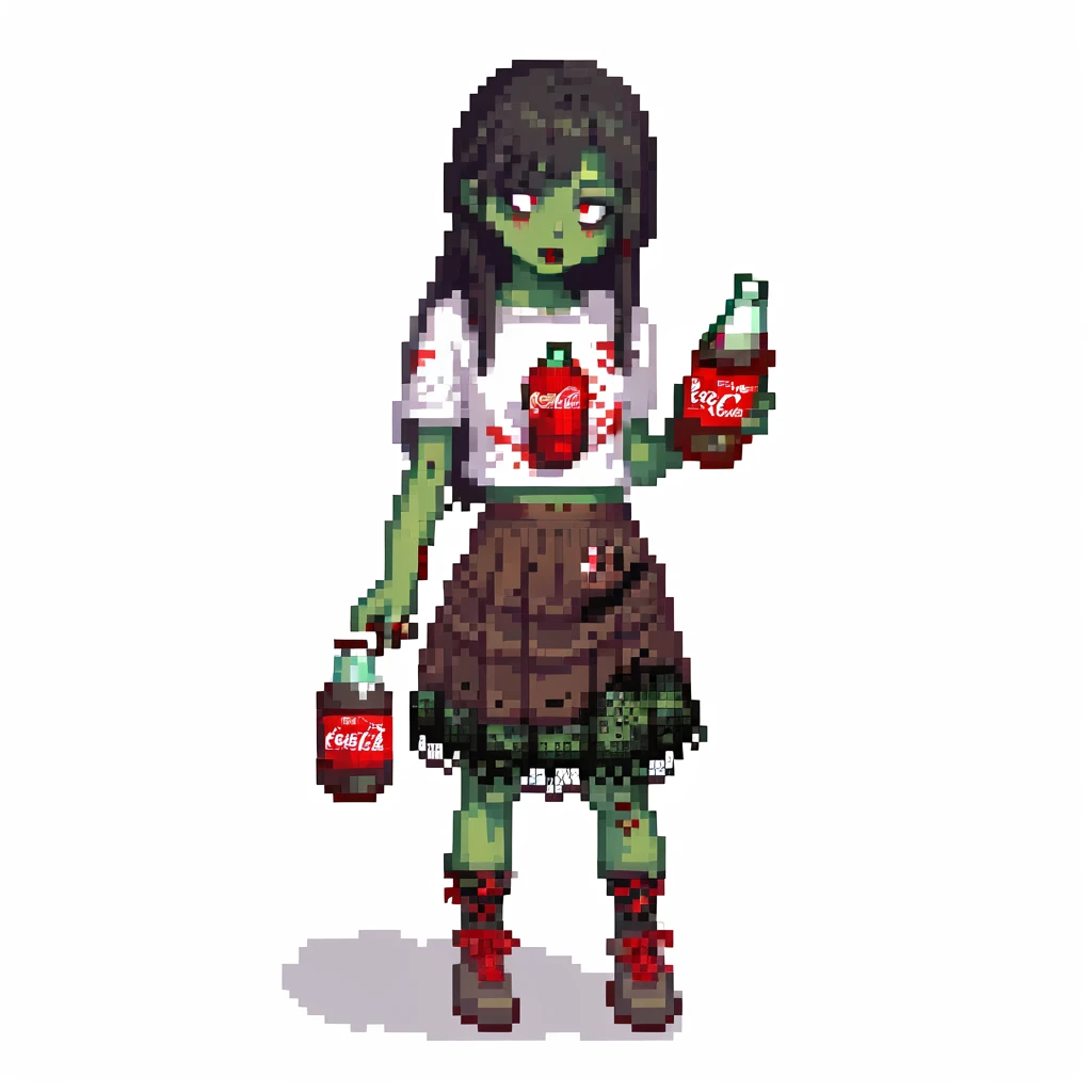 Generate an Asian girl, dark-haired, she's a zombie, wearing a skirt with lace, slightly torn,
Holding a bottle of Coca-Cola in her hands.
Background: a dark street in the style of Gotham City  emoji