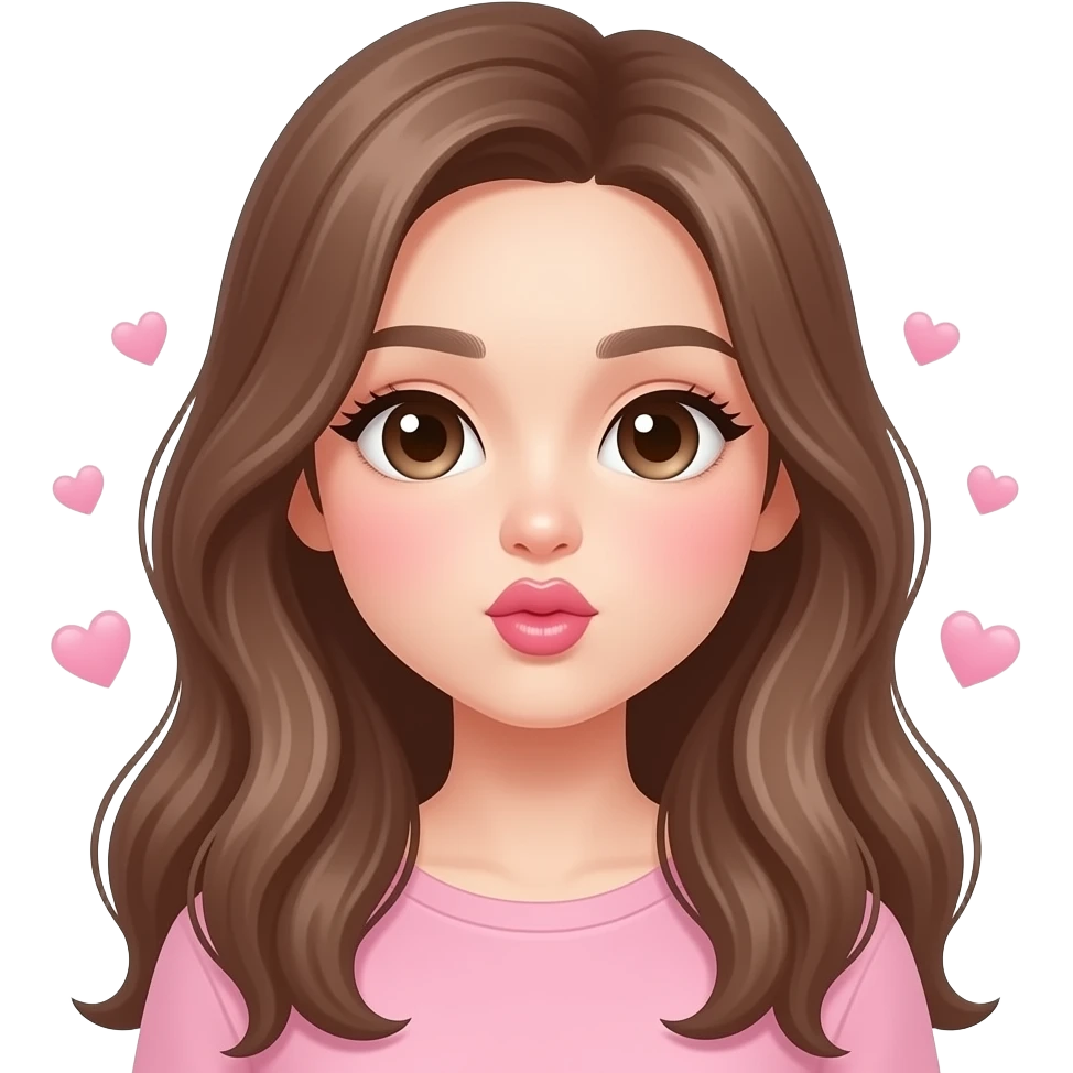 Cute aesthetic girl emoji giving a pout kiss, long soft brown hair, big sparkling eyes, rosy blush cheeks, glossy lips making a kiss face, pastel pink theme, tiny floating hearts, kawaii cartoon style, adorable sticker emoji. emoji