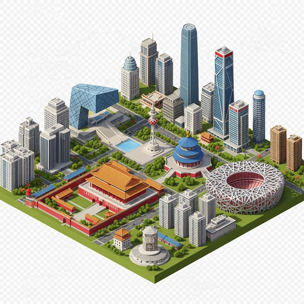 Isometric miniature of Beijing Forbidden City, Tiananmen Square, CCTV Headquarters, Temple of Heaven, China Zun skyscraper, Bird’s Nest Stadium, Beijing apartment blocks, 3D miniature effect and Tilt Shift effect, no cartoonish look, transparent background, don't cut angles emoji