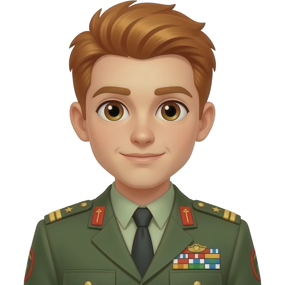pure red haired cute male in military uniform, closeup , front facing emoji