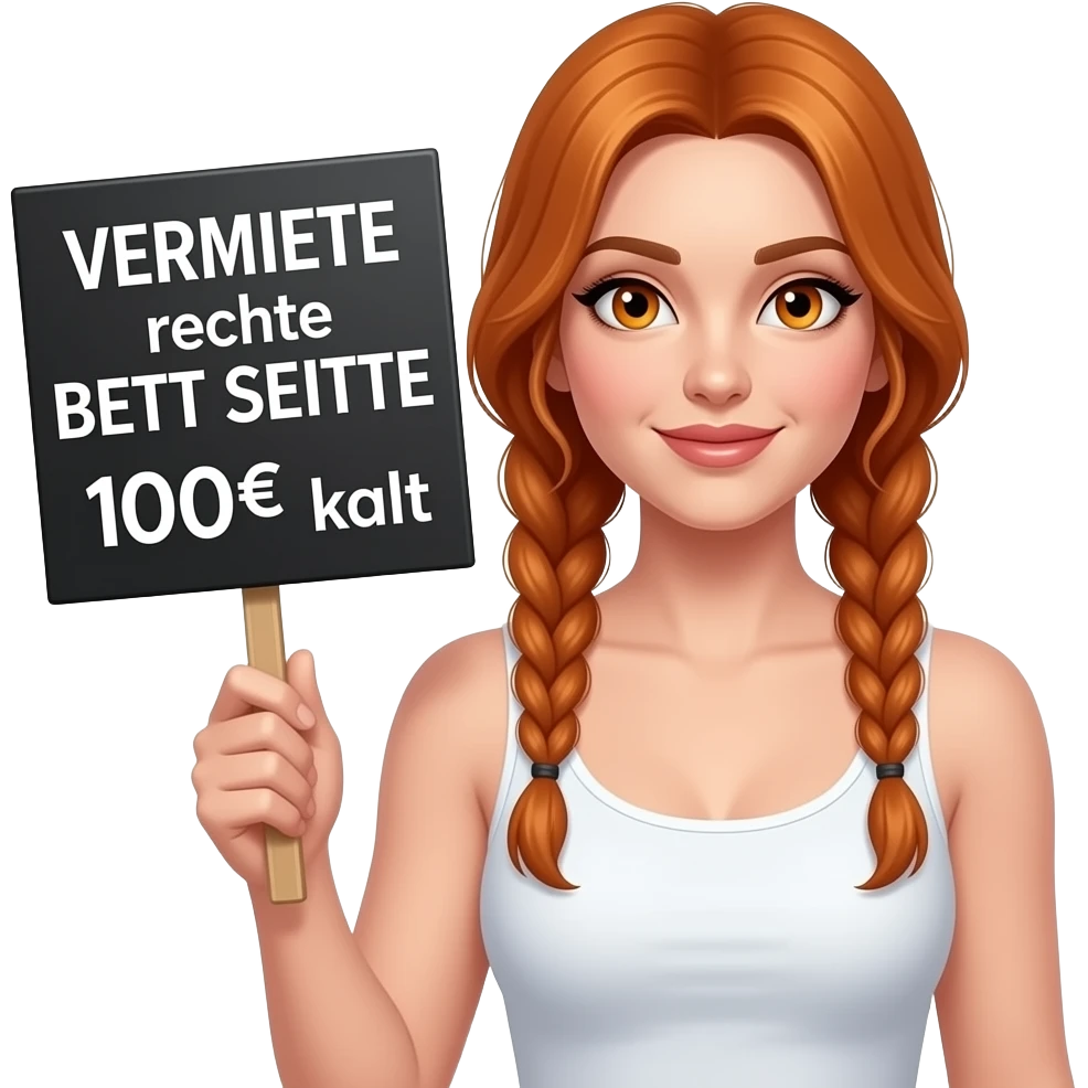 sexy girl with long ginger braids and ginger eyes wearing a white tanktop is holding a black sign with VERMIETE rechte BETT SEITtE 100€ kalt written on it emoji