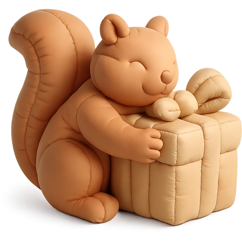 squirrel hugging a big gift box with bow, cushion style emoji